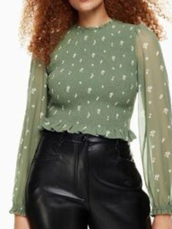 Wilfred Tops - Wilfred Olive Green Smocked Floral Sheer-Sleeve Blouse